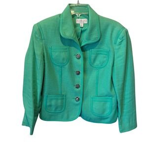 Conrad C Collection Green Textured Cotton Blazer Rhinestone Button Jacket Sz 10